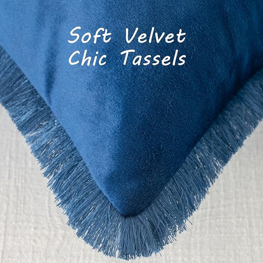 FUTEI Navy Blue Velvet Decorative Throw Pillow Covers 18x18 Set of 2,Soft Cozy Edge with Tassels Cushion Case,Boho Modern Home Decor for Couch Bed Living Room