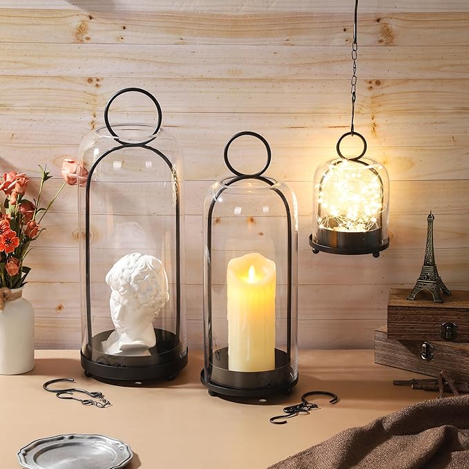 20" High Versatile Modern Metal Hurricane Lantern with Handmade Sturdy Glass Dome in Black for Pillar Candle & Plants, Industrial, Farmhouse, Shabby Chic (Black, 7.5"x20")