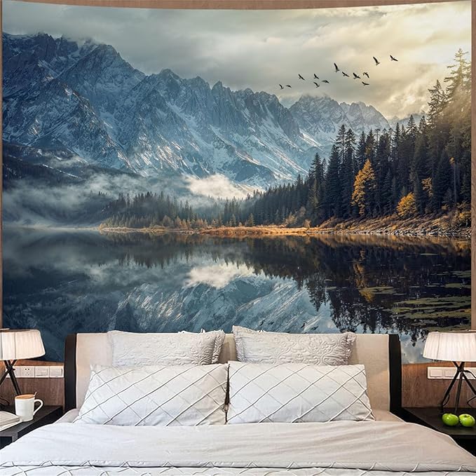 kampdream Lake Scenery Tapestry, Misty Mountains and Pine Forest Wall Hanging, Nature Home Decor for Bedroom and Living Room Wall Art Decoration
