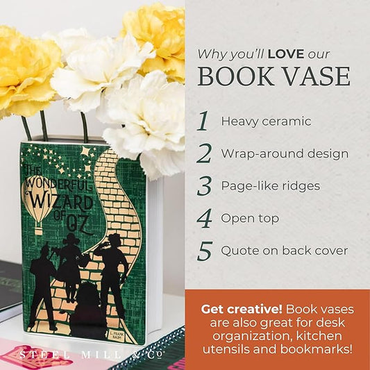 Steel Mill & Co Original Large Book-Shaped Decorative Vase, Ceramic Vases for Home Decor, Cute Bookshelf Decor, Unique Vase for Book Lovers, The Wonderful Wizard of Oz