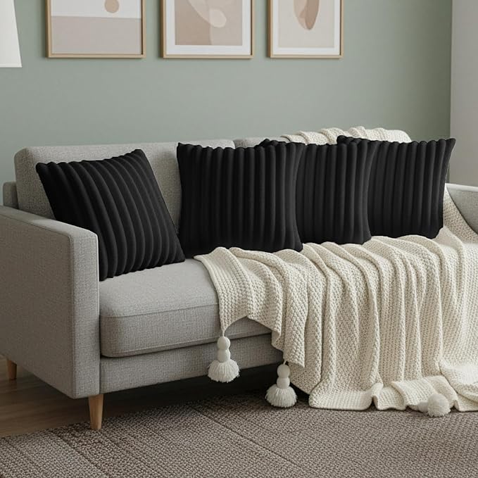 Black Throw Pillow Covers 18 x 18 Set of 4, Cute Boho Throw Pillow Cover for Couch/Bed, Decorative Pillows Covers for Sofa/Bed, Accent Pillow Covers for Living Room, Rustic/Home/Room Decor