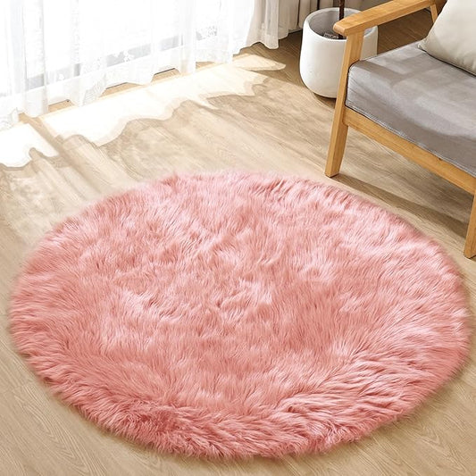 Pink Plush Round Rugs 6ft Large Washable Faux Fur Area Rugs for Living Room Boho Circle Fluffy Sheepskin Fur Rug for Nursery