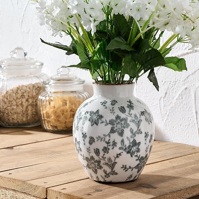 SIDUCAL 5.83" Ceramic Vintage Vase – Chinoiserie Gray Floral Ice-Cracked Glaze | Farmhouse Home Decor
