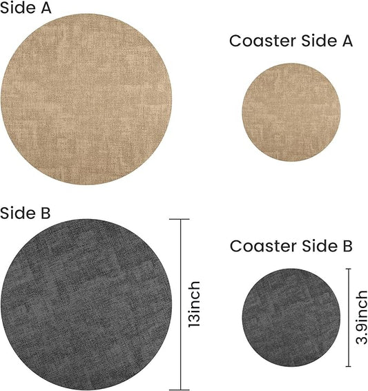 13-Inch Faux Leather Round Placemats Set of 12, Waterproof Anti-Slip Dual Sided Place mats, Heat Resistant Washable Table Mats with Coaster, Suitable for Indoor & Outdoor (12, Black Light Coffee)