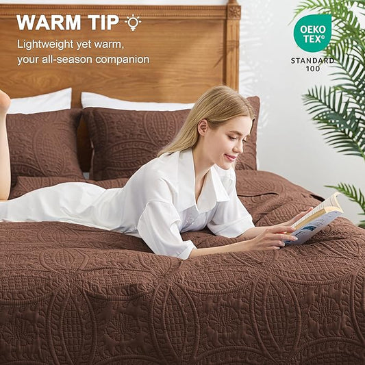 Love's cabin Twin Quilt Set Brown Bedspreads Bedding Set - Soft Bed Lightweight Bedspread Comforter - Modern Style Coin Pattern Coverlet for All Season - 2 Pieces (1 Quilt, 1 Pillow Sham)
