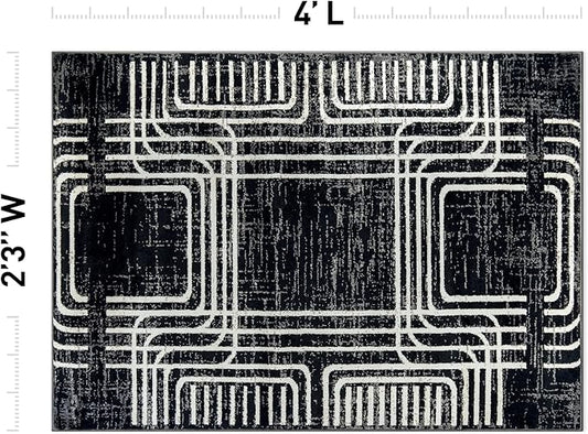 Rugshop Black and White Geometric Area Rug – Abstract Curved Line and Square Pattern Carpet for Living Room, Bedroom, or Office – Contemporary Soft Floor Décor 2' 3" x 4' Black