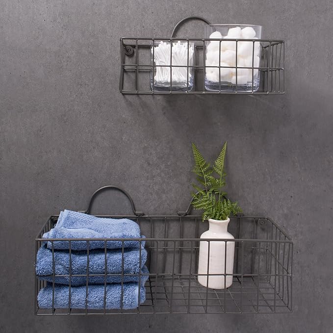 DII Farmhouse Vintage Décor, Wire Wall Basket, Assorted, Gray, 2 Piece