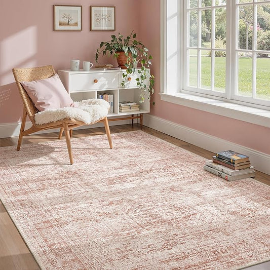 5x7 Area Rugs Pink Low Pile Indoor Washable Trendy Faded Style Rugs for Bedroom Living Room Dining Room Foldable Non-Slip Thin Print Mat