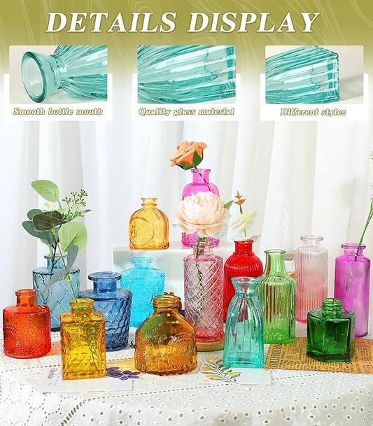 Set of 30 Colorful Glass Bud Vases - Small Textured Flower Vases for Centerpieces, Wedding Table Decor, Retro Home Decor Bulk Vase Set for DIY, Events & Gifts