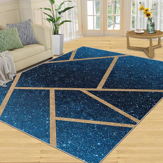 Abstract Marble Rug Navy Blue Marble Area Rug Blue Starry Geometric Area Rugs Gold Lined Geometric Shapes Rugs Modern Minimalist Carpet for Living Room Bedroom 7x10ft