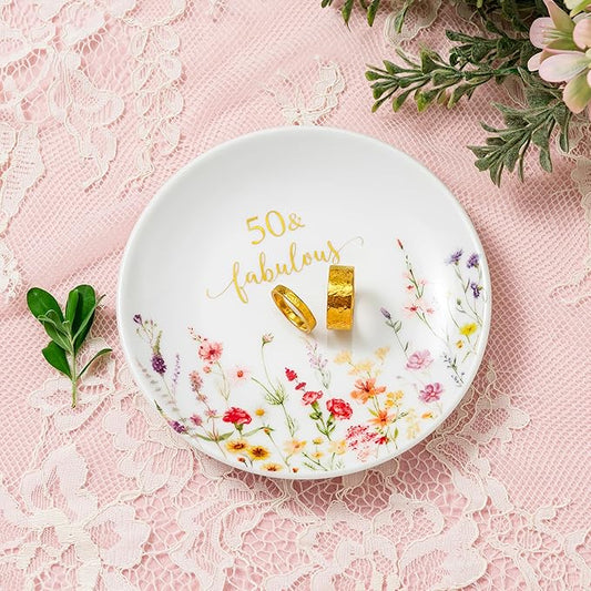 Crisky 50 Fabulous Jewelry Ring Dish for Women 50th Birthday Gifts Idea for 50 Year Old Gifts for Her Friend Sister Wife Mom Aunt Female Coworkers