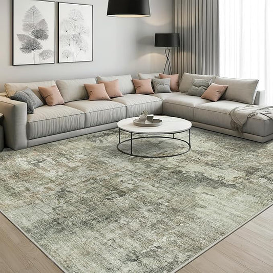 Area Rug 6x9 Abstract Living Room Washable Rugs Green Black Non Slip Low Pile Carpet for Bedroom Dining Room Foldable Thin