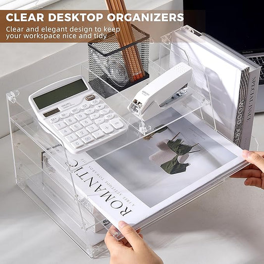 Acrylic Desk Organizer - 4-Tier Tray with Vertical File Holder for Books, Stationary, Letter, Magazines, Documents, and File Organizer - Durable Space Saving Storage, For Home and Office