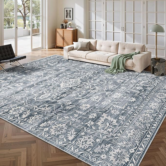 8x10 Area Rugs for Living Room, Stain Resistant Washable Rugs for Dining Room, Kitchen, Floral Vintage Non-Slip Thin Large Area Rug(Blue, 8'x10')