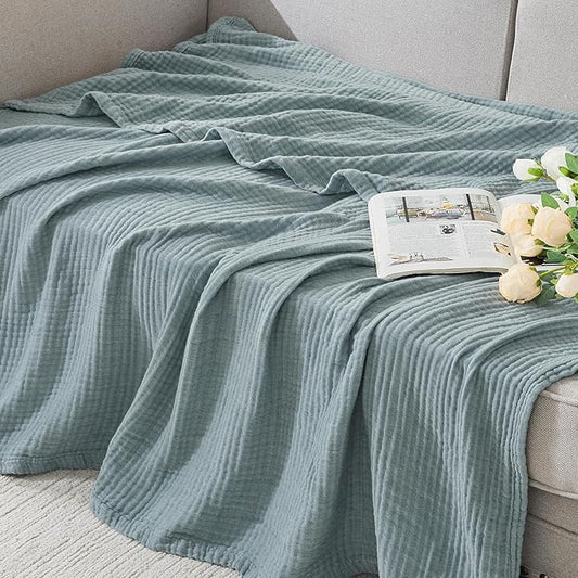 EMME Cotton Muslin Queen Blanket Bed Layering Bedspread Coverlet Breathable Gauze Soft Lightweight (Heather Teal, 90"x90")