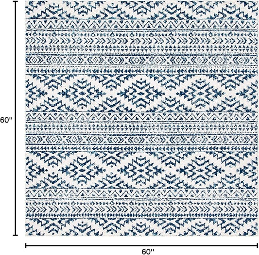 SAFAVIEH Tulum Collection Area Rug - 5' Square, Ivory & Navy, Moroccan Boho Tribal Design, Non-Shedding & Easy to Clean, Ideal for Living Room, Bedroom, Dining Space (TUL272D)