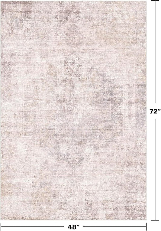 Washale Modern Bedroom 4x6 Area Rugs - Pink and Grey Rug for Living Room, Kitchen, Non Slip & Soft, Medallion Distressed Print Pattern