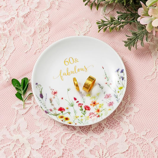 Crisky 60 Fabulous Jewelry Ring Dish for Women 60th Birthday Gifts Idea for 60 Year Old Gifts for Her Friend Sister Wife Mom Aunt Female Coworkers