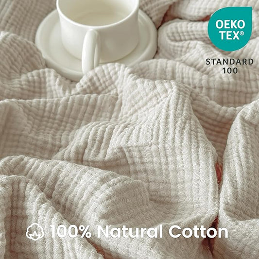 FALUCA Cotton Muslin Reversible Blanket Twin Size for Bed, Couch, Four Layers Blanket, Soft Lightweight Cozy Breathable Farmhouse Decoration for All-Season, Khaki