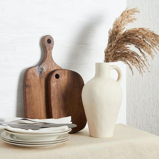 BlossoME Antique Ceramic White Vase for Home Decor, Stoneware Jug for Room Centerpiece, Rustic, Farmhouse and Vintage Pottery Gifts, Matte, with Handle-Height 10”