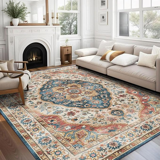 vivorug 8x10 Area Rugs for Living Room, Non-Slip Backing Washable Rug 8x10, Beige Large Area Rug Soft Carpet for Bedroom Dining Room, Vintage, Easy Clean, Durable, Low Pile Rug Under Table