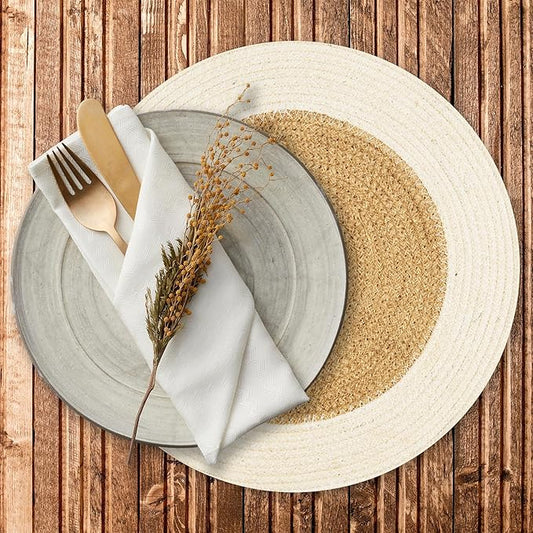 Eco Crave Jute Round Placemats Set of 12 – Hand Woven Natural Beige Jute with White Rim, 13 Inch Farmhouse Rustic Dining Drawstring Table Mats, Wicker Heat Resistant Durable Eco-Friendly Table Decor