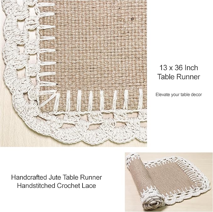Chardin Home Woven Jute with Ivory Handcrafted Crochet Border Decorative Table Runner, 13x36 Inch, Artisanally Crafted Rustic Farmhouse Table Topper, Perfect for Tables