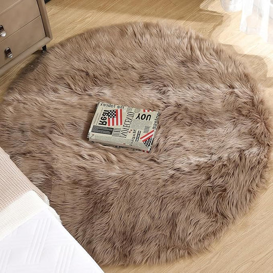 Beige 3ft Round Fluffy Shaggy Rug Washable Soft Area Rug for Living Room Bedroom Cute Room Decor Circle Nursery Rug Faux Fur Carpet