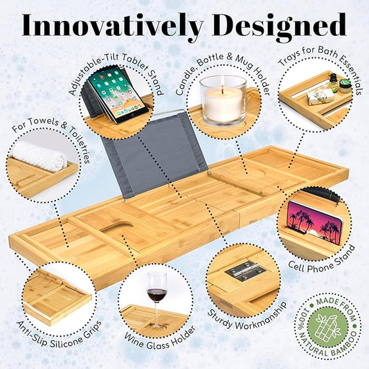 Home It Premium Foldable Bathtub Tray - Bamboo Waterproof Bath Tray for tub Caddy - Wooden Holder for Wine, Book, Soap, Phone, Luxury Gift for Men & Women - Expandable, Fits Most Tubs in Bathroom