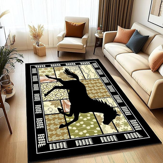 Boho Floral Area Rugs 3x5ft, Western Running Horse Rug, Botanical Print Low Pile Carpet, Non-Slip & Stain-Resistant Machine Washable Rug for Living Room, Bedroom, Dining Room