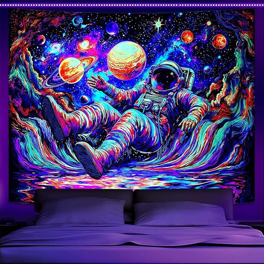 Blacklight Astronaut Tapestry Wall Hanging Space Galaxy Travel Funny Wander Tapestries for Bedroom Colorful Aesthetic Cool Wall Art for Guys Gamer Room Dorm Living Room (celestial bodies, 48''×36'')