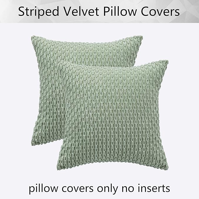 Kevin Textile 2 Packs Spring Decorative Throw Pillow Covers 20x20 Inch for Living Room Couch Bed Sofa Soft Striped Corduroy Square Cushion Case 50x50 cm Farmhouse Boho Home Decor Sage Green