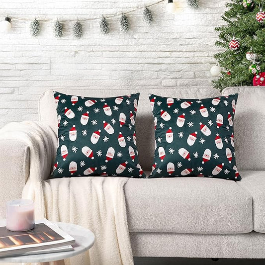 PAVILIA Holiday Throw Pillow Covers 18x18 Set of 2, Decorative Pillow Cases Bed Sofa Couch, Christmas Winter Accent Decor Cushion Bedroom Living Room, Velvet Square Euro Sham Covers, Santa Green