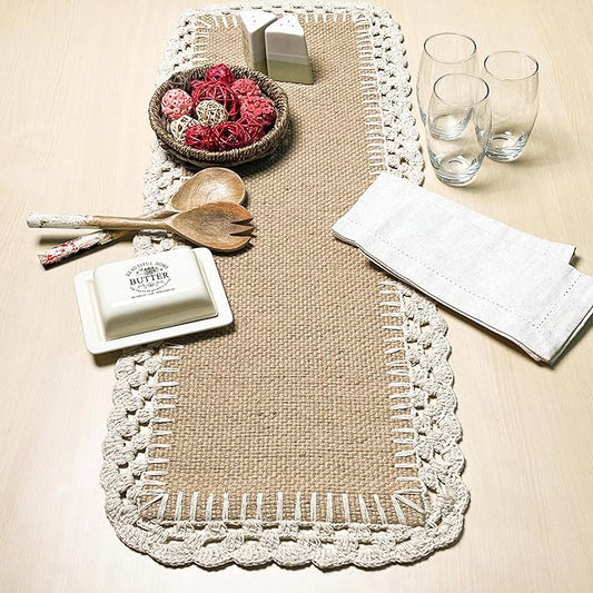 Chardin Home Woven Jute with Ivory Handcrafted Crochet Border Decorative Table Runner, 13x36 Inch, Artisanally Crafted Rustic Farmhouse Table Topper, Perfect for Tables