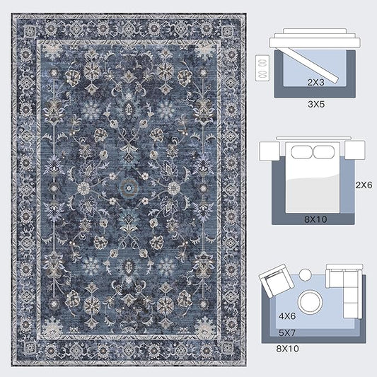 Tangsoo 2x6 Washable Runner Rug for Hallway, Non Slip Boho Vintage Floral Rug Runner for Kitchen Entryway, Distressed Blue Black Floor Carpet Soft Low Pile Indoor Mat for Bedroom Bathroom Laundry