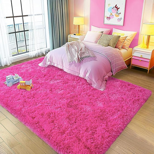 Ultra Fluffy Area Rugs for Living Room Bedroom, 6x9 Fuzzy Large Living Room Rugs, Thick Shag Rug for Dorm, Soft Non Slip Kids Girls Boys Rug for Home Decor Aesthetic, Hot Pink