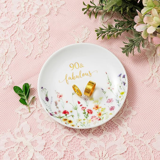 Crisky 90 Fabulous Jewelry Ring Dish for Women 90th Birthday Gifts Idea for 90 Year Old Gifts for Her Friend Sister Wife Mom Aunt Female Coworkers