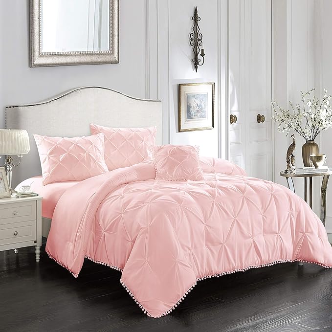 EVOLIVE 4pc Set Pinch Pleat/Kiss Pleat, Pintuck Down Alternative Comforter Set with Pompom (Full/Queen, Pink)
