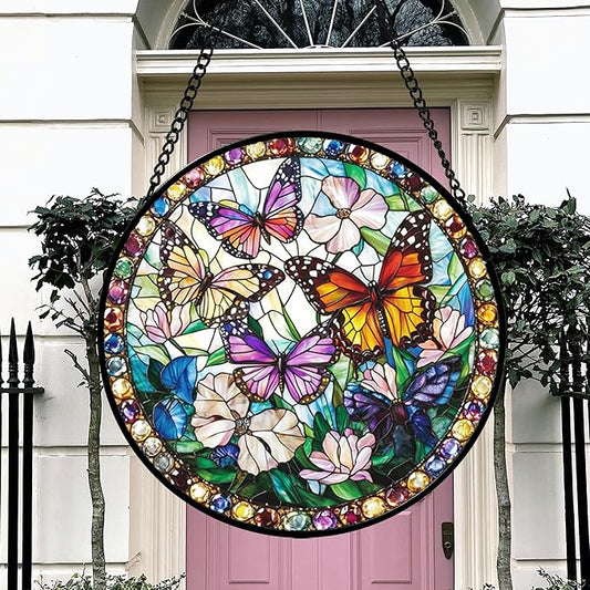 DASTOLL Stained Glass Window Hanging, Colorful Butterfly Suncatcher for Doors Home Sun Catchers Decoration and Christmas, Mother's Day Birthday Gifts for Women, Men, and Mom 14.9x14.9 in