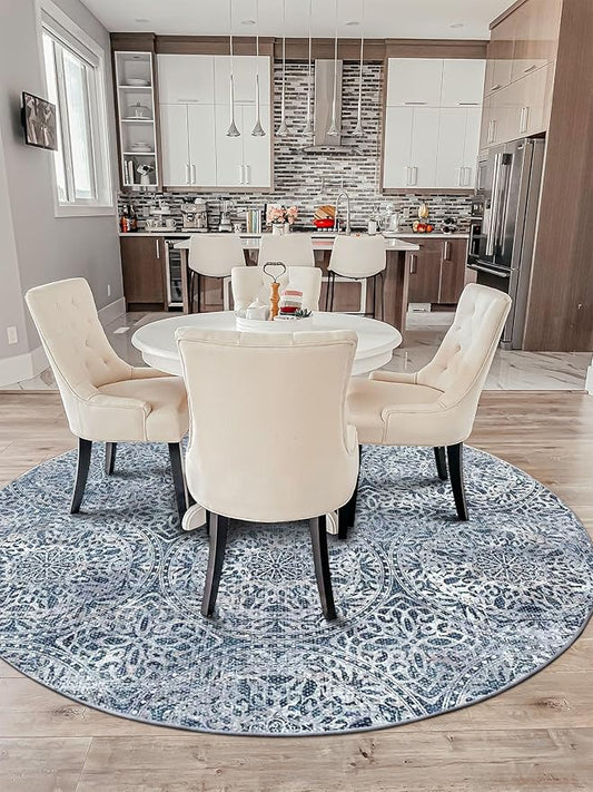 vivorug Round Rug 4ft Vintage-Inspired Round Area Rug Non-Slip Indoor Carpet for Living Room Bedroom Entryway, Stain Resistant Home Decor Circle Rug, Blue Medallion