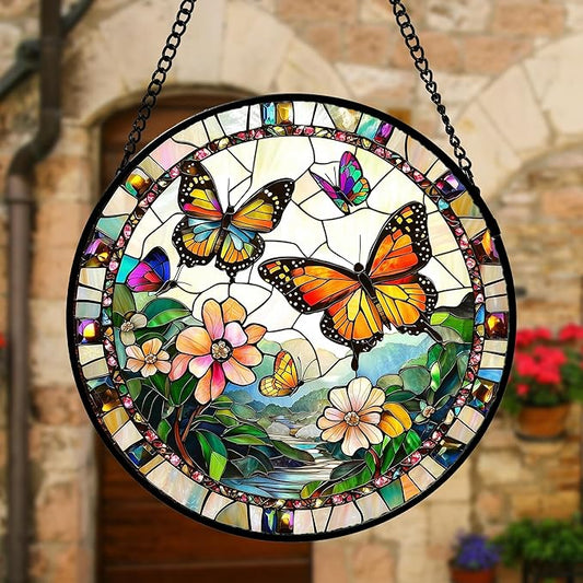 DASTOLL Stained Glass Window Hanging, Butterflies Flying in The Sky Suncatcher for Doors Home Sun Catchers Decoration and Christmas, Mother's Day Birthday Gifts for Women, Men, and Mom 11.8x11.8 in
