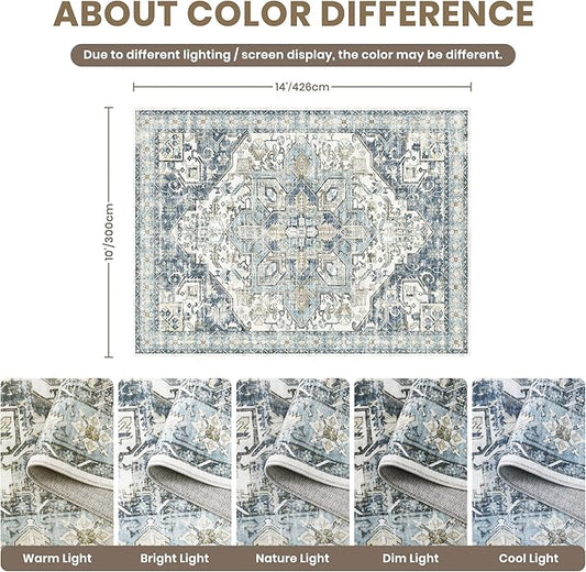 zesthome 10x14 Area Rugs-Washable Rug for Living Room, Non-Slip Backing Rugs, Stain Resistant 10x14 Rug for Bedroom, Ultra-Thin Low Pile Rugs, Vintage Large Home Decor
