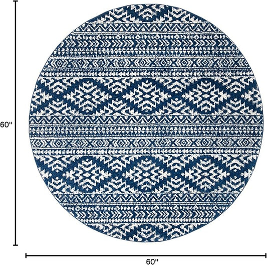 SAFAVIEH Tulum Collection Area Rug - 5' Round, Navy & Ivory, Moroccan Boho Tribal Design, Non-Shedding & Easy to Clean, Ideal for Living Room, Bedroom, Dining Space (TUL272N)
