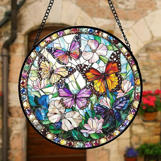 DASTOLL Stained Glass Window Hanging, Colorful Butterfly Suncatcher for Doors Home Sun Catchers Decoration and Christmas, Mother's Day Birthday Gifts for Women, Men, and Mom 11.8x11.8 in