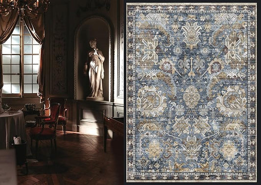 RUGSURE Washable Area Rugs - Perfect for Living Room, Bedroom, Kids Room, Nursery - Stain & Water Resistant Non-Slip, Pet & Child Friendly, Vintage Tribal Area Rugs (Navy, 4' x 6')
