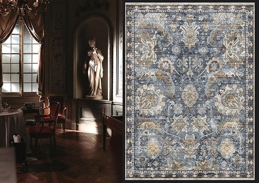 RUGSURE Washable Area Rugs - Perfect for Living Room, Bedroom, Kids Room, Nursery - Stain & Water Resistant Non-Slip, Pet & Child Friendly, Vintage Tribal Area Rugs (Navy, 5' x 7')