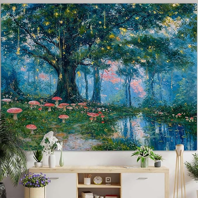 Haibimen Monet Nature Forest Tapestry Wall Hanging Green Tree Mushroom Landscape Tapestries for Bedroom Watercolor Aesthetic Wallpaper Decor for Living Room (forest-1, 48''×36'')