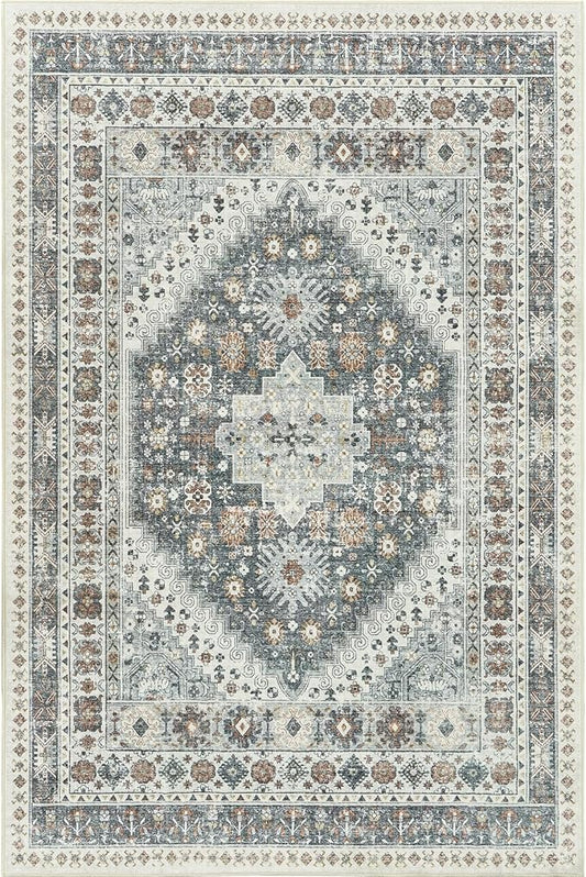 zesthome 8x10 Area Rugs for Living Room,Non-Slip Backing Washable Rugs,Vintage Large Area Rug,Stain Resistant Home Decor Rug (Grey/Orange,8'x10')