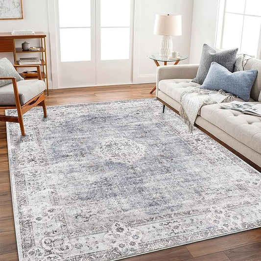 Washable Area Rug 4'x6' Vintage Traditional Floor Cover Foldable Thin Rugs Retro Kitchen Indoor Distressed Non Slip Carpet Floral Print Mat Bedroom Living Room