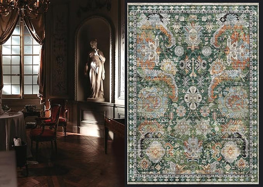 RUGSURE Washable Area Rugs - Perfect for Living Room, Bedroom, Kids Room, Nursery - Stain & Water Resistant Non-Slip, Pet & Child Friendly, Vintage Tribal Area Rugs (Green, 4' x 6')